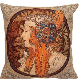 Alphonse MUCHA Byzantine Blonde Rousse BELGIAN Belgium Jacquard WOVEN Hand Finished Tapestry Pillow Cushion Cover, 46cm x 46cm, 18&quot; x 18&quot;