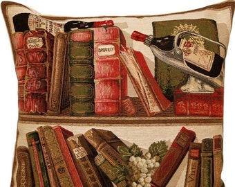 Library & Wine Bibliotheque et Vin III, BELGIAN Belgium Jacquard WOVEN Hand Finished Tapestry Pillow Cushion Cover, 46cm x 46cm 18" x 18"
