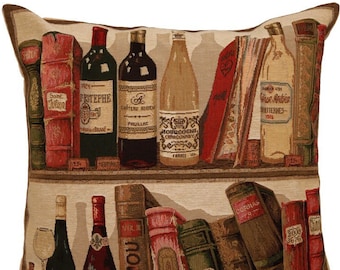 Library & Wine Bibliotheque et Vin I, BELGIAN Belgium Jacquard WOVEN Hand Finished Tapestry Pillow Cushion Cover, 46cm x 46cm 18" x 18"