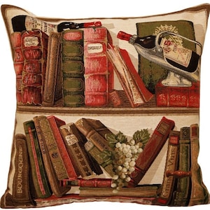 ライブラリー & ワイン Bibliotheque et Vin III、ベルギー ベルギー ジャカード織り 手仕上げ タペストリー 枕 クッションカバー、46 cm x 46 cm 18" x 18"