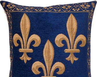 Golden Fleur de Lys on Blue Chenille BELGIAN Belgium Jacquard Woven Hand Finished Tapestry Pillow Cushion Cover, 47cm x 47cm 18" x 18"