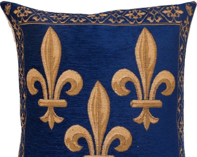 Golden Fleur de Lys on Blue Chenille BELGIAN Belgium Jacquard Woven Hand Finished Tapestry Pillow Cushion Cover, 47cm x 47cm 18" x 18"