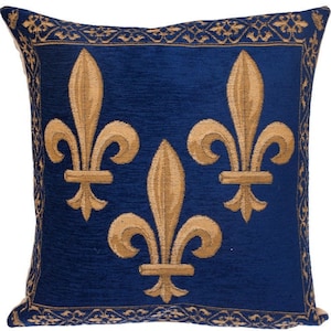 Flor de lis dourada em chenille azul BELGA Bélgica Jacquard tecido tapeçaria com acabamento à mão capa de almofada, 47 cm x 47 cm 18 "x 18"