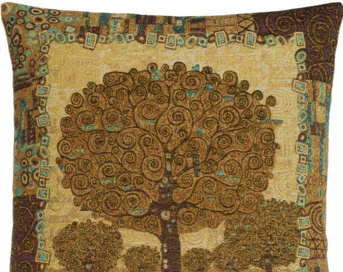 Gustav KLIMT Trees of Life, BELGIAN Belgium Jacquard WOVEN Hand Finished Tapestry Pillow Cushion Cover, 71cm, 28", Beige Cotton Flock Back