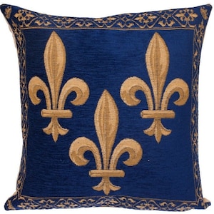 Gouden fleur de lys op blauwe chenille BELGISCHE Belgische jacquard geweven met de hand afgewerkt tapijtkussen kussenhoes, 14&quot; x 14&quot;, 35 cm x 35 cm, met ritssluiting
