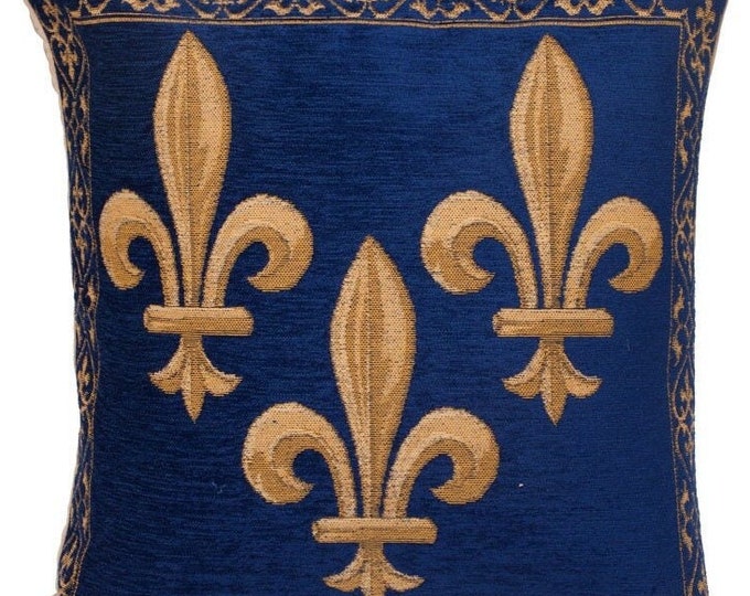 Golden Fleur de Lys on Blue Chenille BELGIAN Belgium Jacquard Woven Hand Finished Tapestry Pillow Cushion Cover, 14" x 14", 35cm x 35cm, Zip