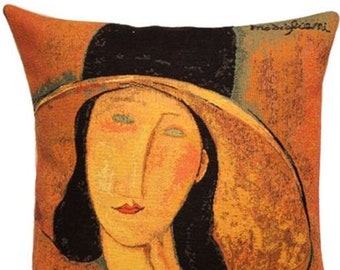 Amedeo MODIGLIANI Jeanne Hebuterne in a Hat, BELGIAN Jacquard WOVEN Hand Finished Tapestry Pillow Cushion Cover, 47cm x 47cm, 18" x 18"