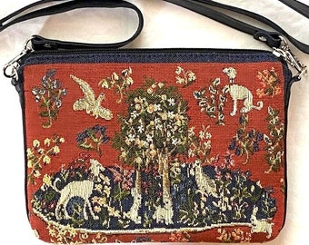 BELGIAN TAPESTRY Hand Finished MILANI Tree with Animals Fully Lined Clutch / Evening Bag 23CM X 16CM, detachable leather shoulder strap