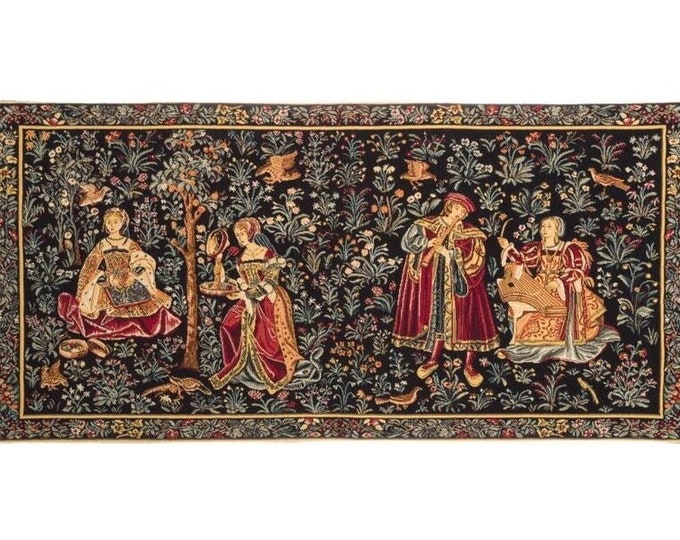 Galanterie Medievale Medieval Gallantry BELGIAN jacquard woven lined hand finished tapestry wall hanging, 36" x 18" 92cm x 46cm + rod sleeve