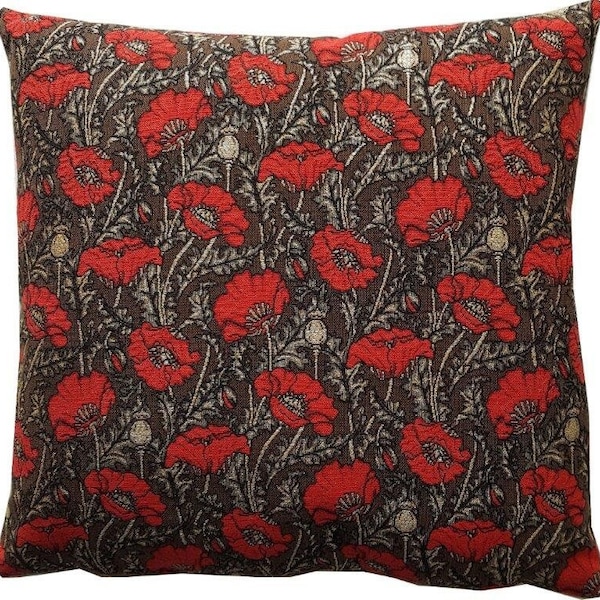 Small Red POPPIES with Silver Lurex, BELGIAN Belgium Jacquard WOVEN Hand Finished Tapestry Pillow Cushion Cover, 46cm x 46cm, 18" x 18"