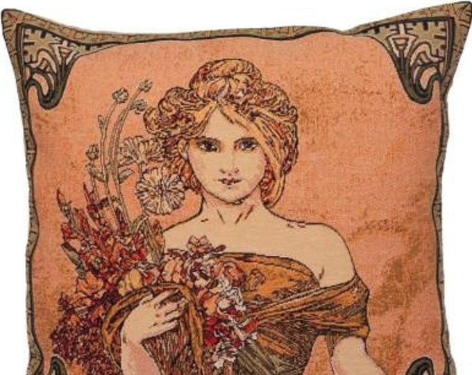 Alphonse MUCHA Spring Printemps Seasons BELGIAN Belgium Jacquard WOVEN Hand Finished Tapestry Pillow Cushion Cover, 46cm x 46cm, 18" x 18"