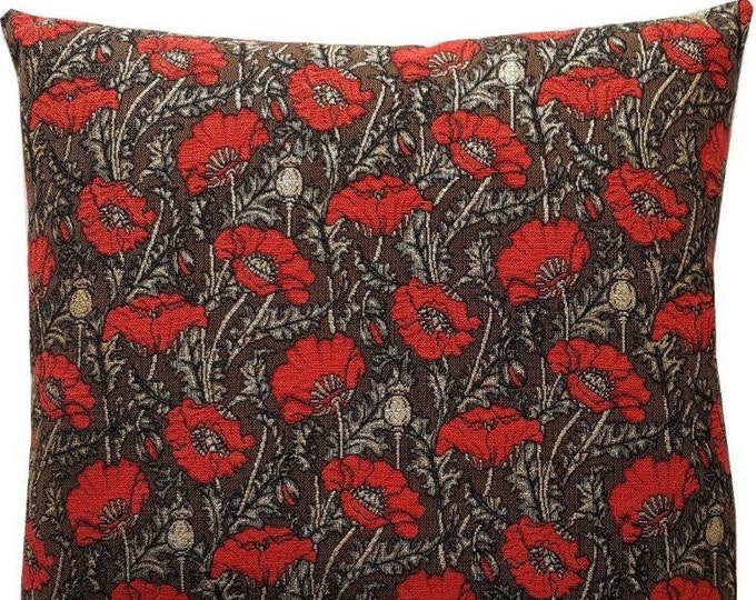 Small Red POPPIES with Silver Lurex, BELGIAN Belgium Jacquard WOVEN Hand Finished Tapestry Pillow Cushion Cover, 46cm x 46cm, 18" x 18"