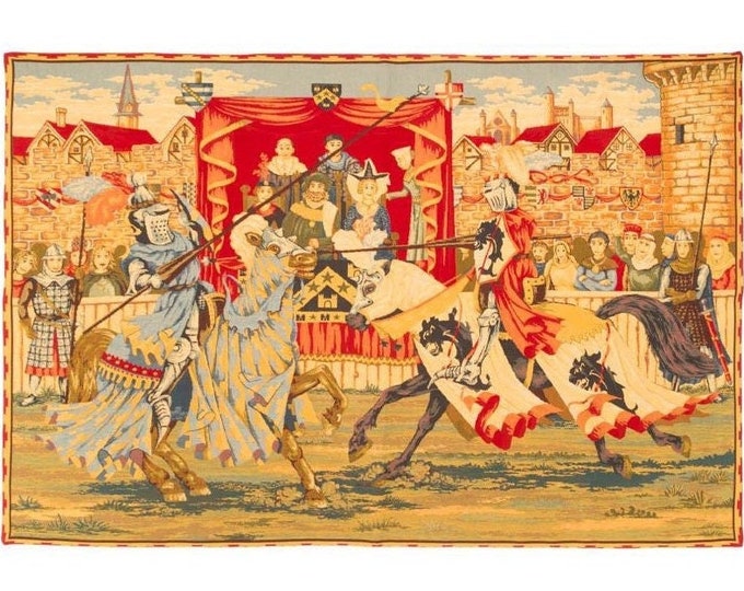 Medieval Lists, Joust / Jousting Knights, 26" x 18", 64cm x  46cm BELGIAN jacquard woven tapestry wall hanging, fully lined with rod sleeve