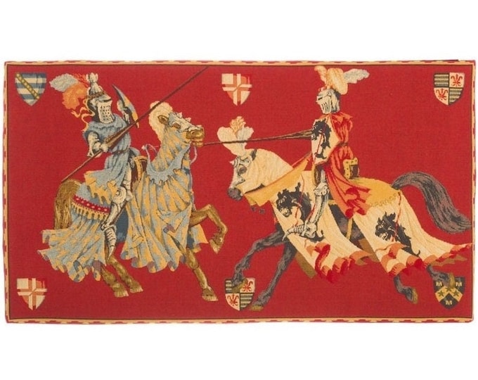 Medieval Joust / Jousting Knights, 33" x 18", 83cm x  46cm BELGIAN jacquard woven tapestry wall hanging, fully lined with rod sleeve