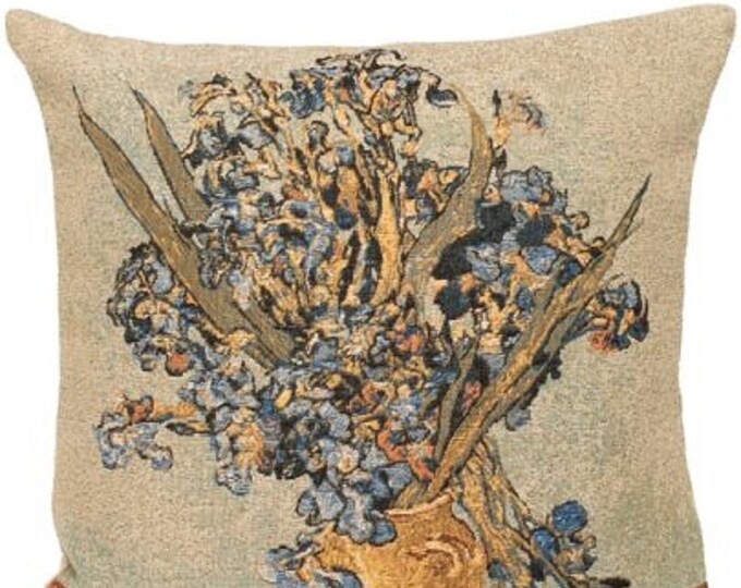 Vincent Van GOGH Vase of Irises, BELGIAN Belgium Jacquard WOVEN Hand Finished Tapestry Pillow Cushion Cover, 46cm x 46cm, 18" x 18"