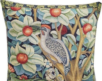 BELGIAN Jacquard WOVEN Hand Finished 47cm x 47cm 18" x 18" William MORRIS Woodpecker in Orange Tree Design Tapestry Pillow Cushion Cover