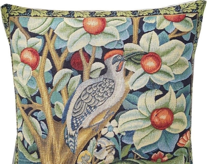 BELGIAN Jacquard WOVEN Hand Finished 47cm x 47cm 18" x 18" William MORRIS Woodpecker in Orange Tree Design Tapestry Pillow Cushion Cover