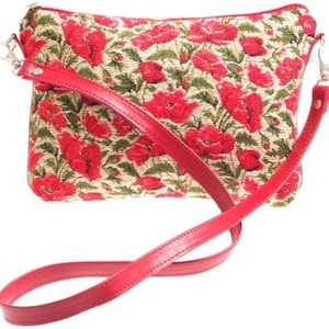 Small Poppies on Beige Background Belgian TAPESTRY Clutch / Formal / Evening Bag 23CM X 16CM with detachable matching leather shoulder strap
