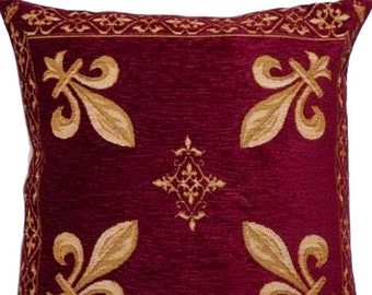 Golden Fleur de Lys on Red Chenille BELGIAN Belgium Jacquard Woven Hand Finished Tapestry Pillow Cushion Cover, 47cm x 47cm 18" x 18"