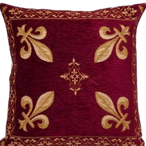 Golden Fleur de Lys on Red Chenille BELGIAN Belgium Jacquard Woven Hand Finished Tapestry Pillow Cushion Cover, 47cm x 47cm 18&quot; x 18&quot;