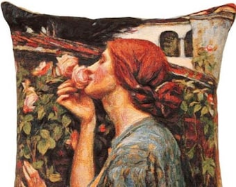J W Waterhouse Soul of the Rose, BELGIAN Belgium Jacquard WOVEN Hand Finished Tapestry Pillow Cushion Cover, 46cm x 46cm 18" x 18"