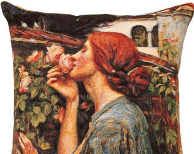 J W Waterhouse Soul of the Rose, BELGIAN Belgium Jacquard WOVEN Hand Finished Tapestry Pillow Cushion Cover, 46cm x 46cm 18" x 18"
