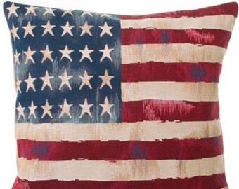 Antique STARS & STRIPES USA American Flag, Belgian Jacquard Woven Hand Finished Tapestry Pillow Cushion Cover, 18" x 18", 46cm x 46cm