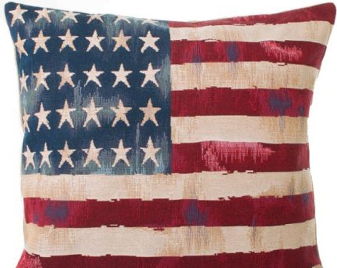 Antique STARS & STRIPES USA American Flag, Belgian Jacquard Woven Hand Finished Tapestry Pillow Cushion Cover, 18" x 18", 46cm x 46cm