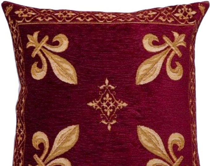 Golden Fleur de Lys on Red Chenille BELGIAN Belgium Jacquard Woven Hand Finished Tapestry Pillow Cushion Cover 35cm x 35cm 14" x 14", zip