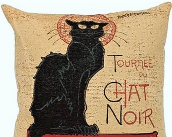 Chat Noir Black Cat Poster as a BELGIAN Belgium Jacquard WOVEN Hand Finished Tapestry Pillow Cushion Cover, 34cm, 13.5", Velvet Back