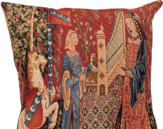 Cluny Lady & the Unicorn The HEARING, BELGIAN Belgium Jacquard WOVEN Hand Finished Tapestry Pillow Cushion Cover, 47cm x 47cm 18" x 18"