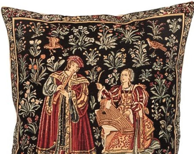 Medieval Concert Scene from Gallanteries BELGIAN Belgium Jacquard WOVEN Hand Finished Tapestry Pillow Cushion Cover, 46cm x 46cm 18" x 18"