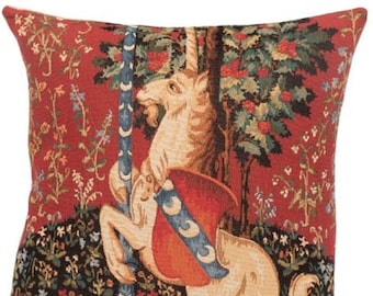 Cluny Unicorn from Lady & the Unicorn BELGIAN Belgium Jacquard WOVEN Hand Finished 100% Cotton Tapestry Pillow Cushion Cover, 45cm, 18"