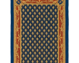 BELGIAN Jacquard Hand Finished 210cm x 137cm Red Blue Gold Fleur de Lys TAPESTRY Table Throw Bed Spread Occasional Cover Wall Hanging