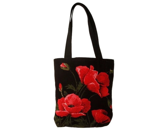 BELGIAN Tapestry Woven Hand Finished Tote Shoulder Bag Handbag, Large POPPIES Flowers, Fauve Fine Arts, 38cm x 34cm Excluding Handles