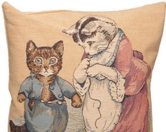BEATRIX POTTER Tom Kitten Lost His Buttons BELGIAN Jacquard Woven Hand Finished 33cm 13" Tapestry Pillow Cushion Cover, Velvet Reverse, Zip