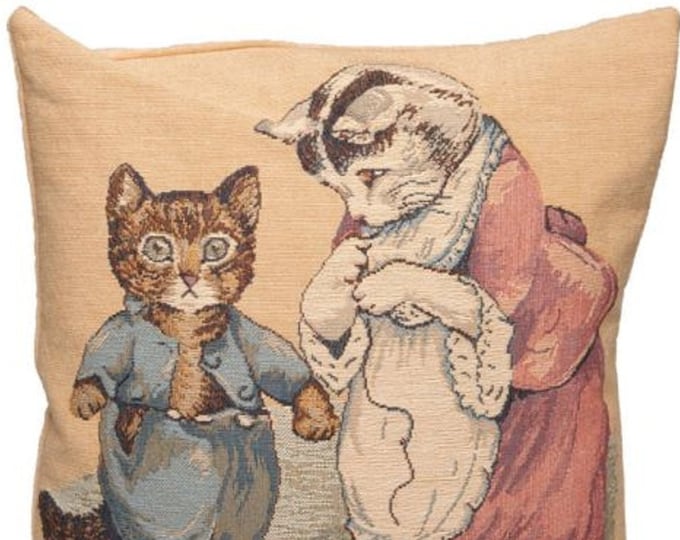 BEATRIX POTTER Tom Kitten Lost His Buttons BELGIAN Jacquard Woven Hand Finished 33cm 13" Tapestry Pillow Cushion Cover, Velvet Reverse, Zip