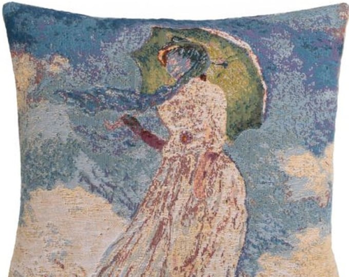 Claude MONET Lady with the Umbrella, BELGIAN Belgium Jacquard WOVEN Hand Finished Tapestry Pillow Cushion Cover, 46cm x 46cm 18" x 18"