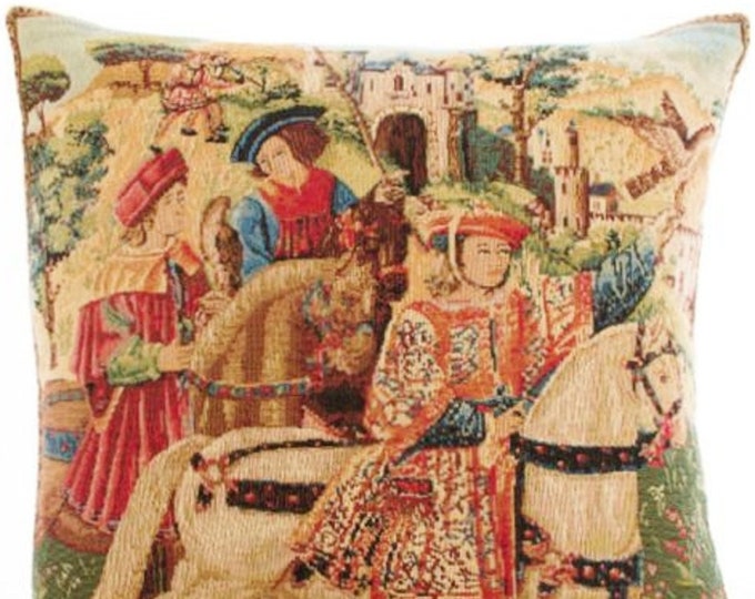 Medieval Hunt Departure Scene as a BELGIAN Belgium Jacquard WOVEN Hand Finished Tapestry Pillow Cushion Cover, 46cm x 46cm 18" x 18"