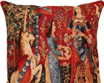 Cluny Lady & the Unicorn The SMELL, BELGIAN Belgium Jacquard WOVEN Hand Finished Tapestry Pillow Cushion Cover, 47cm x 47cm 18" x 18"