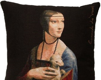 Leonardo Da VINCI Lady with the Ermine BELGIAN Belgium Jacquard WOVEN Hand Finished Tapestry Pillow Cushion Cover, 46cm x 46cm 18" x 18"