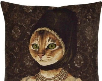 Medieval Anthropomorphic Cat with Hat, BELGIAN Belgium Jacquard WOVEN Hand Finished Tapestry Pillow Cushion Cover, 46cm x 46cm, 18" x 18"