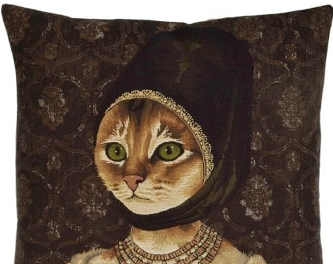 Medieval Anthropomorphic Cat with Hat, BELGIAN Belgium Jacquard WOVEN Hand Finished Tapestry Pillow Cushion Cover, 46cm x 46cm, 18" x 18"