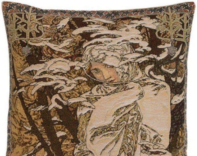 Alphonse MUCHA Winter Hiver Seasons BELGIAN Belgium Jacquard WOVEN Hand Finished Tapestry Pillow Cushion Cover, 46cm x 46cm, 18" x 18"