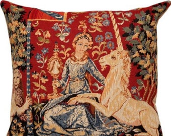 Cluny Lady & the Unicorn The VIEW Sight BELGIAN Belgium Jacquard WOVEN Hand Finished Tapestry Pillow Cushion Cover, 47cm x 47cm 18" x 18"