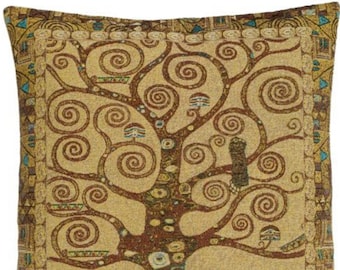 Gustav KLIMT Tree of Life, BELGIAN Belgium Jacquard WOVEN Hand Finished Tapestry Pillow Cushion Cover, 71cm, 28", Beige Cotton Flock Back