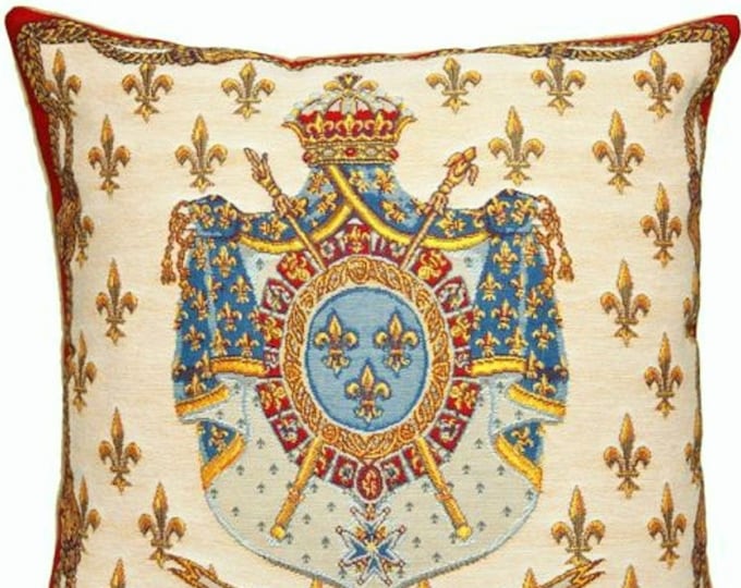 French Royal Coat of Arms BELGIAN Belgium Jacquard WOVEN Hand Finished Tapestry Pillow Cushion Cover, 46cm x 46cm 18" x 18"