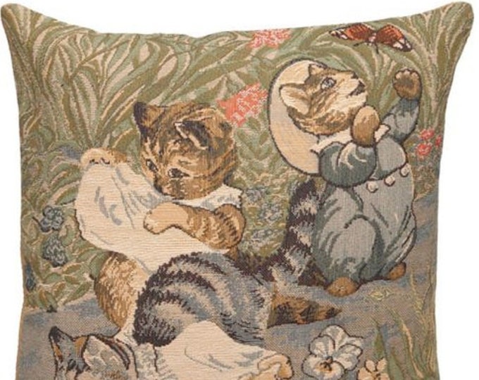 BEATRIX POTTER Three Kittens BELGIAN Belgium Jacquard Woven Hand Finished 33cm 13" Tapestry Pillow Cushion Cover, Velvet Reverse, Zip