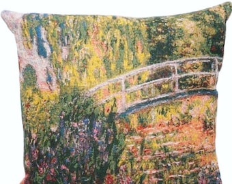 Claude MONET Pont Giverny Japanese Bridge, BELGIAN Belgium Jacquard WOVEN Hand Finished Tapestry Pillow Cushion Cover, 46cm x 46cm 18" x 18"