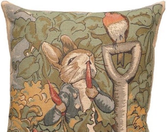 BEATRIX POTTER Peter Rabbit BELGIAN Belgium Jacquard Woven Hand Finished 33cm 13" Tapestry Pillow Cushion Cover, Velvet Reverse, Zip